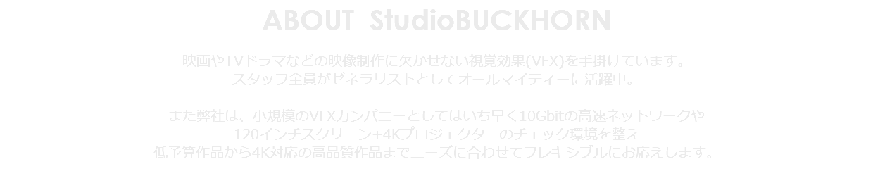 ABOUT StudioBUCKHORN 映画やTVドラマなどの映像制作に欠かせない視覚効果(VFX)を手掛けています。 スタッフ全員がゼネラリストとしてオールマイティーに活躍中。 また弊社は、小規模のVFXカンパニーとしてはいち早く10Gbitの高速ネットワークや 120インチスクリーン+4Kプロジェクターのチェック環境を整え 低予算作品から4K対応の高品質作品までニーズに合わせてフレキシブルにお応えします。